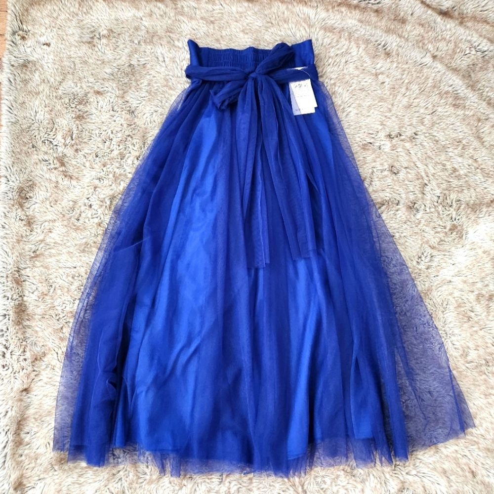 Blue Tulle Maxi Skirt with Waist Tie